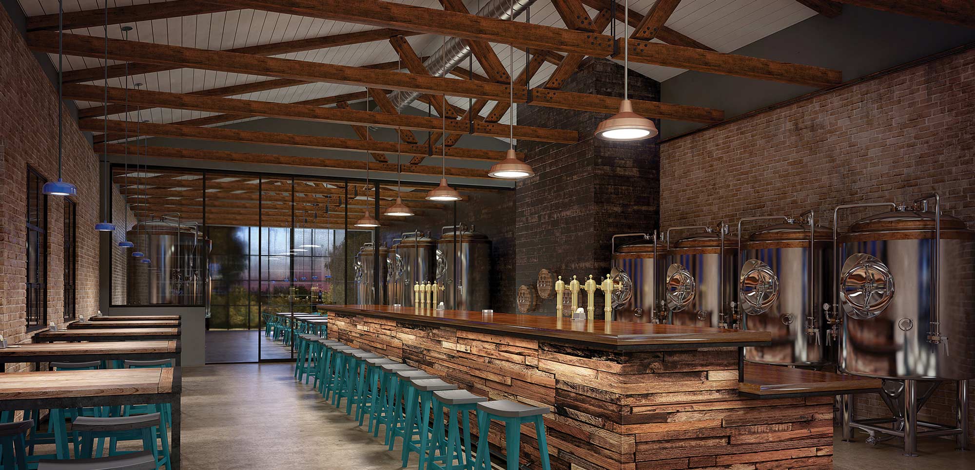 Shaper performance pendant lights installed over a bar